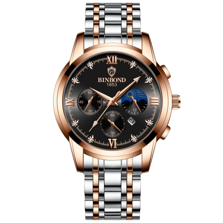 BINBOND B3591 Orologio da uomo impermeabile 30m con calendario luminoso, Colore: Rosa-Oro-Nero - Immagine 1