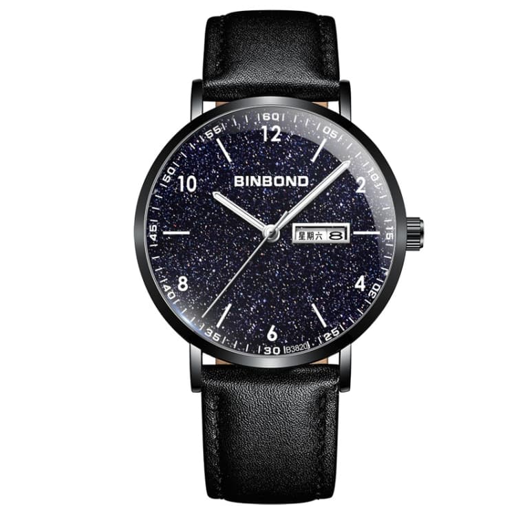 BINBOND B3820 Orologio al quarzo luminoso da uomo semplice, studente, con motivo a cielo stellato (cinturino in pelle nera, cassa nera, lancette bianche) - Immagine 1