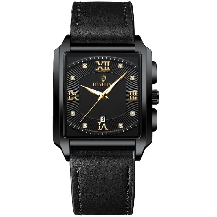 BINBOND B4143 Orologio da uomo rettangolare impermeabile al quarzo (pelle nera - acciaio nero - oro) - Immagine 1
