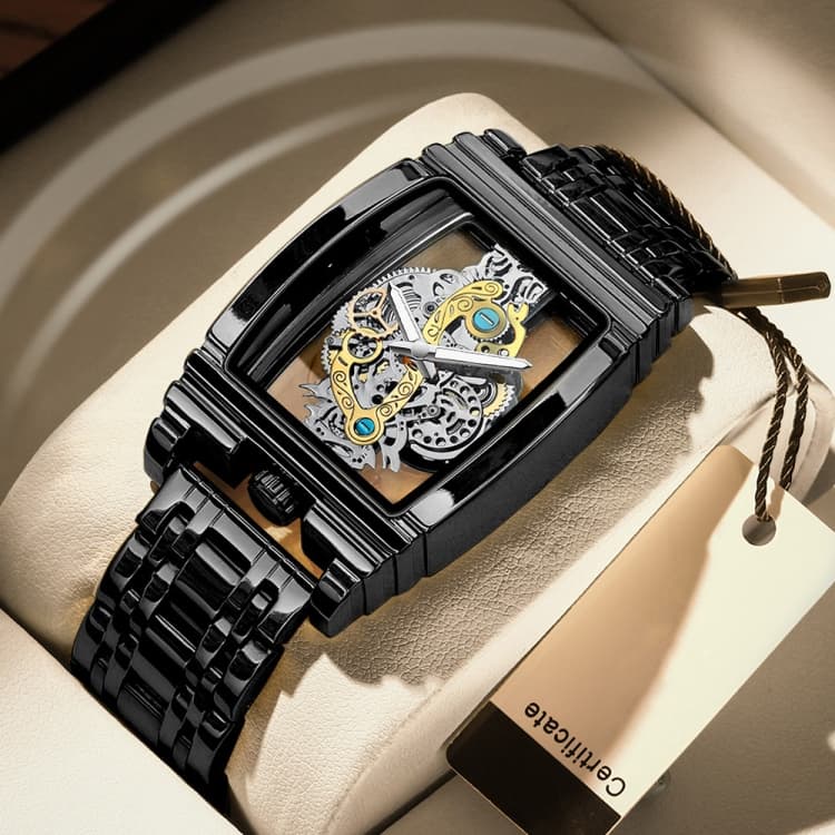 BINBOND B5011 Orologio da uomo impermeabile luminoso con cassa traforata in acciaio (Cinturino in acciaio nero) - Immagine 1