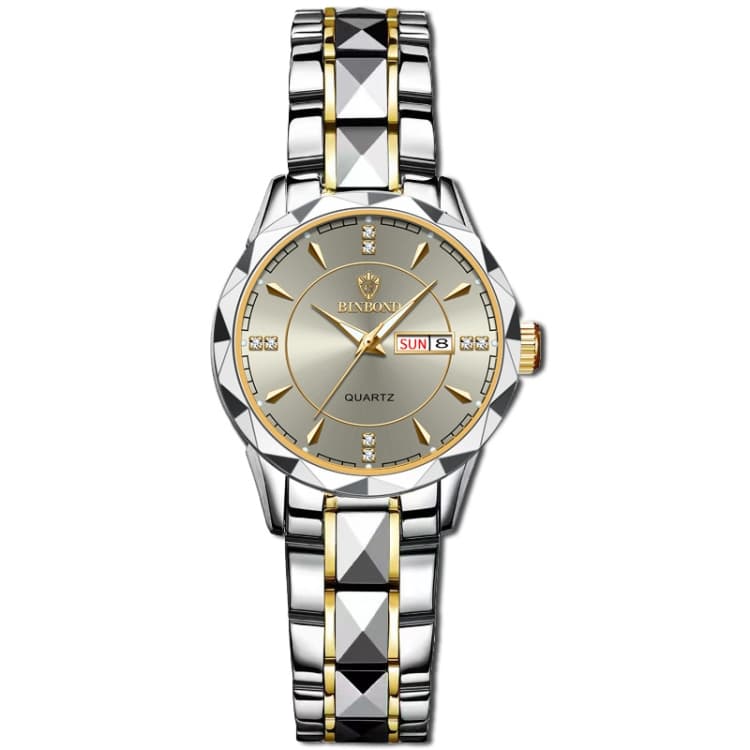 BINBOND B5552 Orologio da polso al quarzo multifunzionale luminoso (Donna-Inter-oro-grigio) - Immagine 1