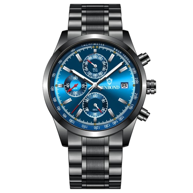 BINBOND B6022 Orologio al quarzo multifunzionale impermeabile 30m luminoso, Colore: Acciaio nero-blu - Immagine 1