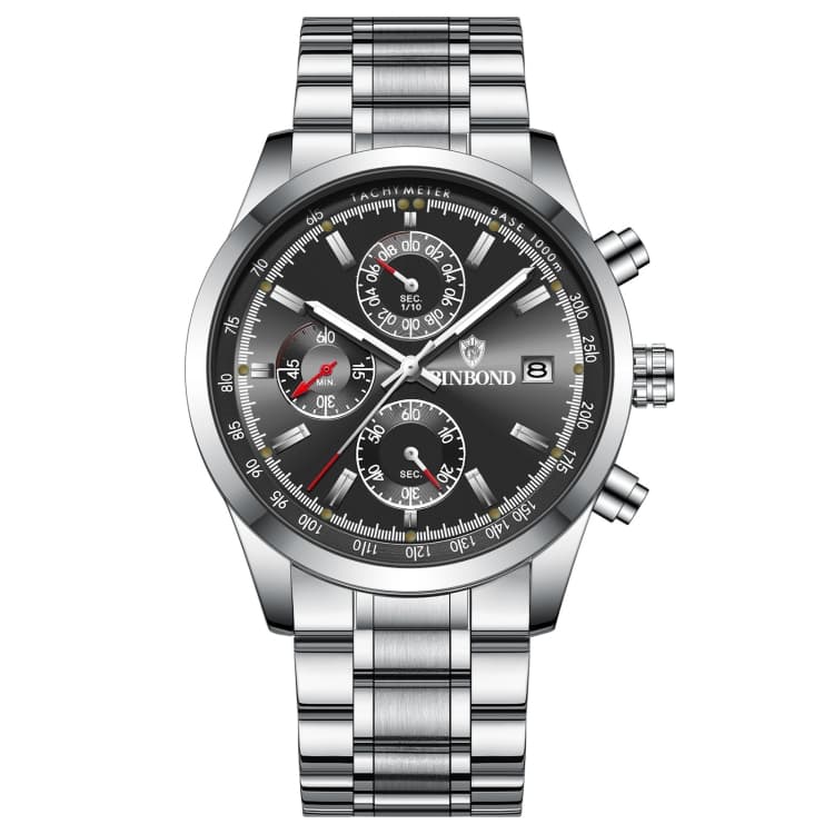 BINBOND B6022 Orologio al quarzo multifunzionale impermeabile 30m luminoso, Colore: Bianco Acciaio-Nero - Immagine 1