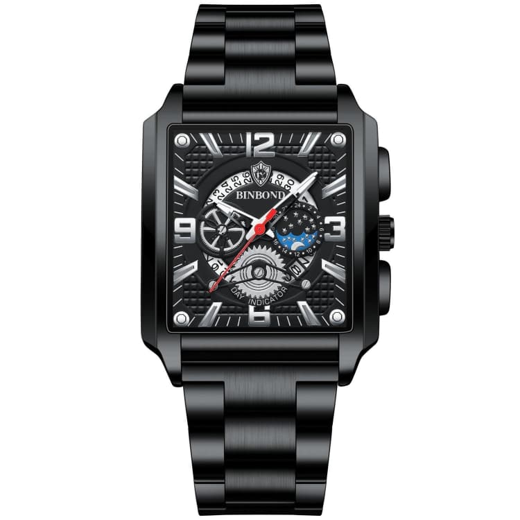 BINBOND B6575 Orologio da uomo vintage quadrato multifunzionale luminoso al quarzo, Colore: Nero-Nero-Nero-Bianco - Immagine 1