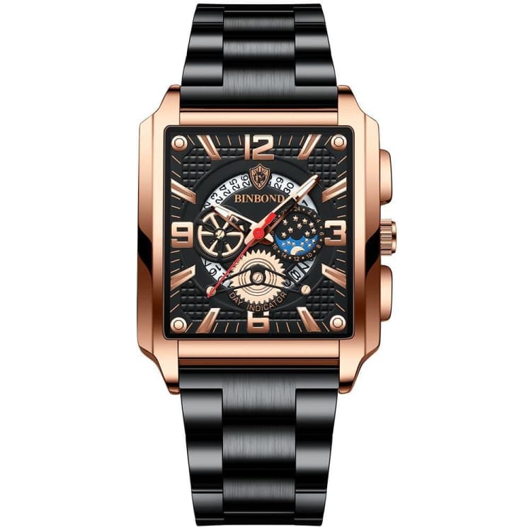 BINBOND B6575 Orologio da uomo vintage quadrato multifunzionale luminoso al quarzo, Colore: Nero-Rosa Oro-Nero-Rosa - Immagine 1