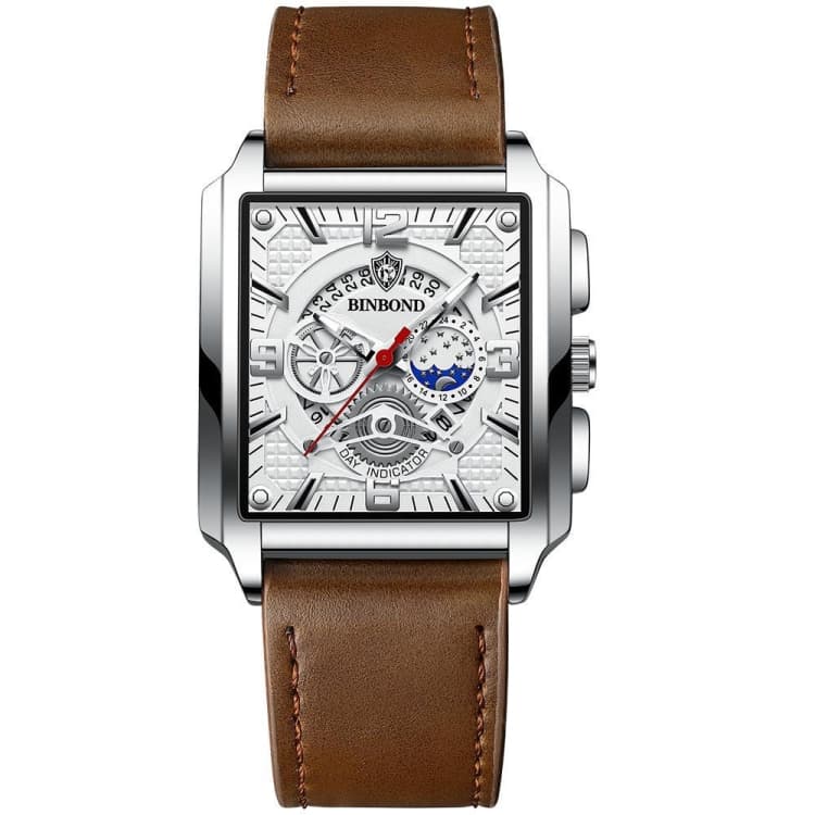 BINBOND B6575 Orologio da uomo vintage quadrato multifunzionale luminoso al quarzo, Colore: Marrone Pelle-Bianco-Bianco - Immagine 1