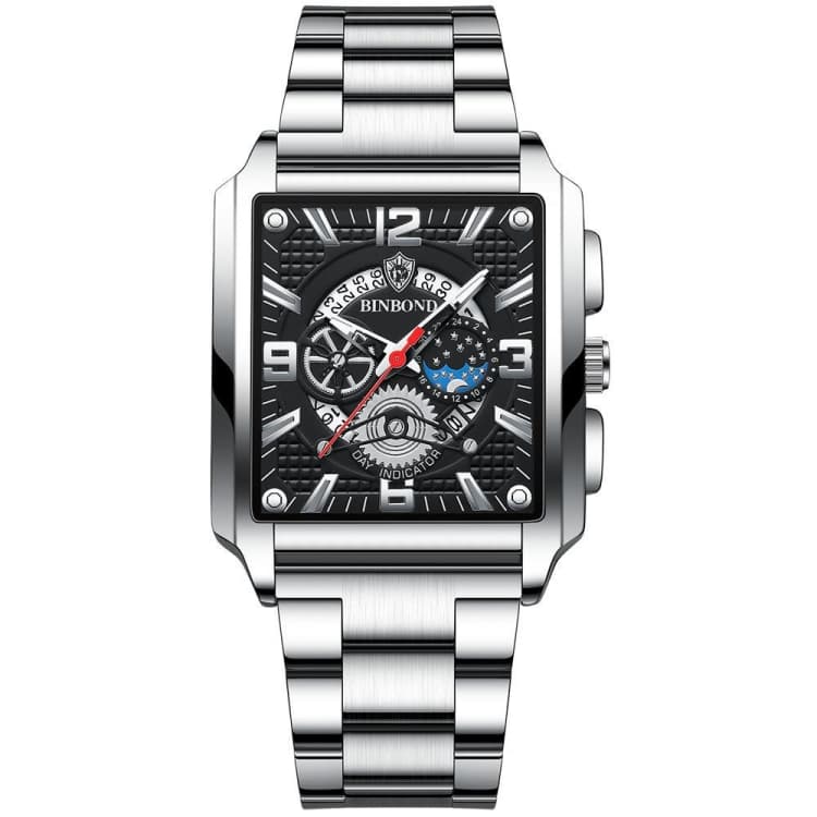 BINBOND B6575 Orologio da uomo vintage quadrato multifunzionale luminoso al quarzo, Colore: Bianco-Nero - Immagine 1
