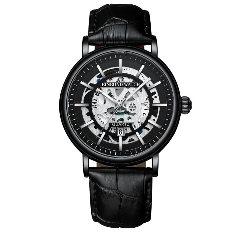 BINBOND B7872 Orologio al quarzo multifunzionale forato luminoso impermeabile, Colore: Nero Pelle-Nero-Nero - Immagine 1