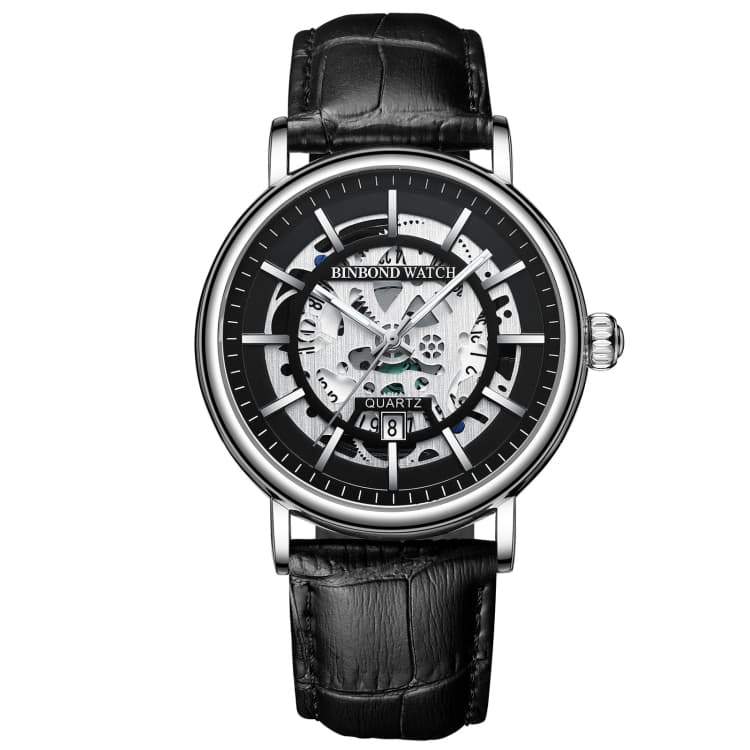 BINBOND B7872 Orologio al quarzo multifunzionale forato luminoso impermeabile, Colore: Pelle nera-Bianco-Nero - Immagine 1