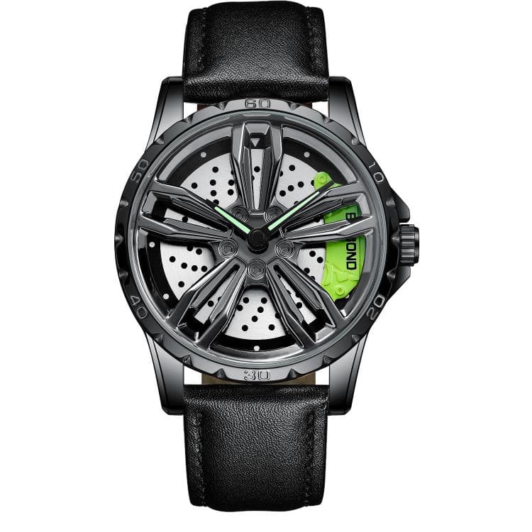 BINBOND D001 Orologio 3D con ruota moto rotante cava, Colore: Pelle nera-Acciaio nero-Verde - Immagine 1