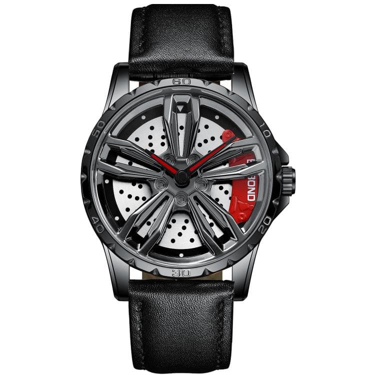 BINBOND D001 Orologio 3D Cavo con Ruota Rotante di Moto, Colore: Pelle Nera-Acciaio Nero-Rosso - Immagine 1