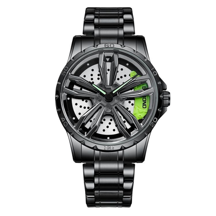 BINBOND D001 Orologio 3D Cavo con Ruota Rotante di Moto, Colore: Nero Acciaio-Verde - Immagine 1