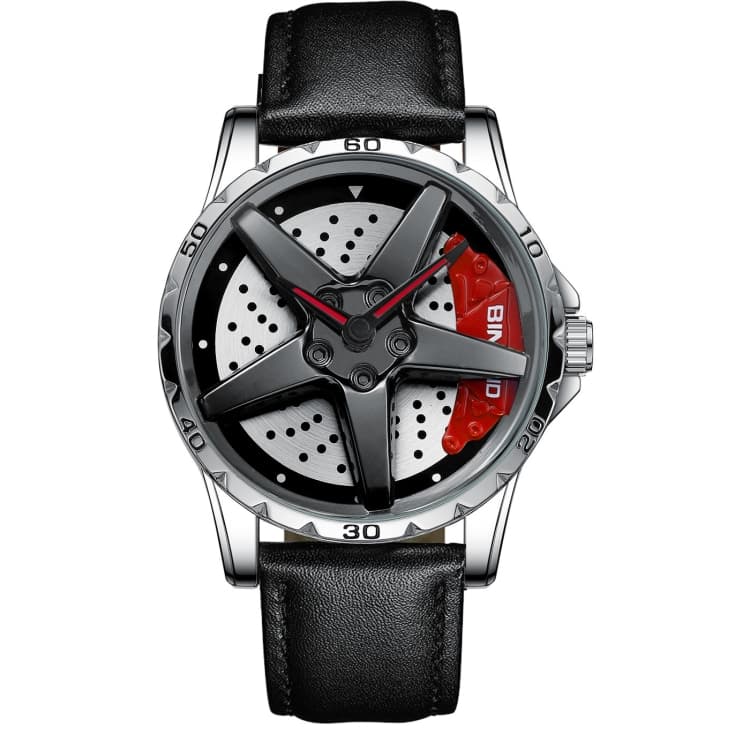 BINBOND D002 Orologio da uomo multifunzionale con quadrante a disco, impermeabile e resistente all'usura (pelle nera-bianco-rosso) - Immagine 1