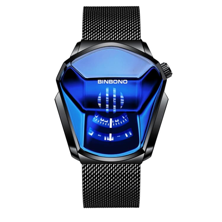 Orologio concettuale BINBOND Locomotive per uomo, tecnologia nera (cinturino nero a rete - acciaio nero - quadrante blu) - Immagine 1