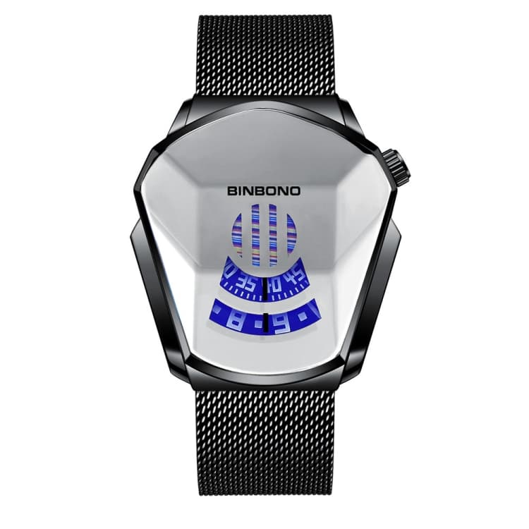 Orologio concettuale BINBOND Locomotive per uomo, tecnologia nera (cinturino nero a rete - acciaio nero - quadrante bianco) - Immagine 1