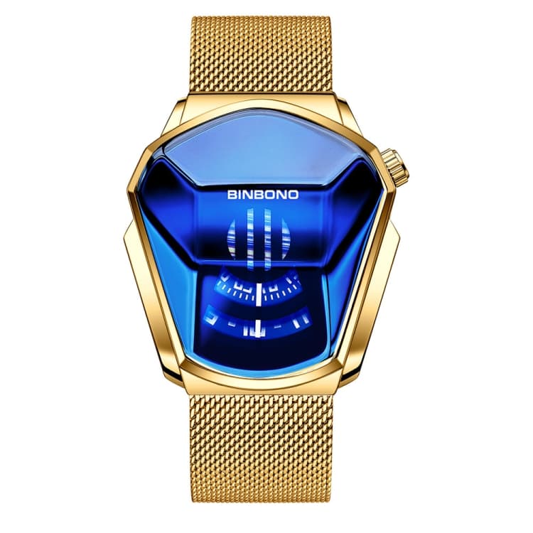Orologio concettuale BINBOND Locomotive per uomo, tecnologia nera (cinturino in rete dorata - quadrante blu e oro) - Immagine 1