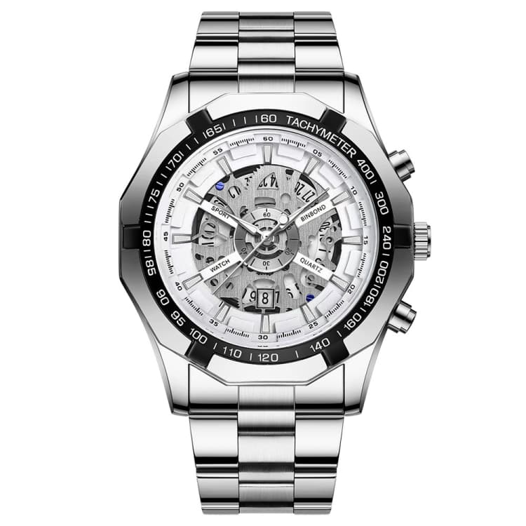 BINBOND S033 Orologio al quarzo luminoso meccanico traforato 30m impermeabile, Colore: Bianco Acciaio-Bianco - Immagine 1