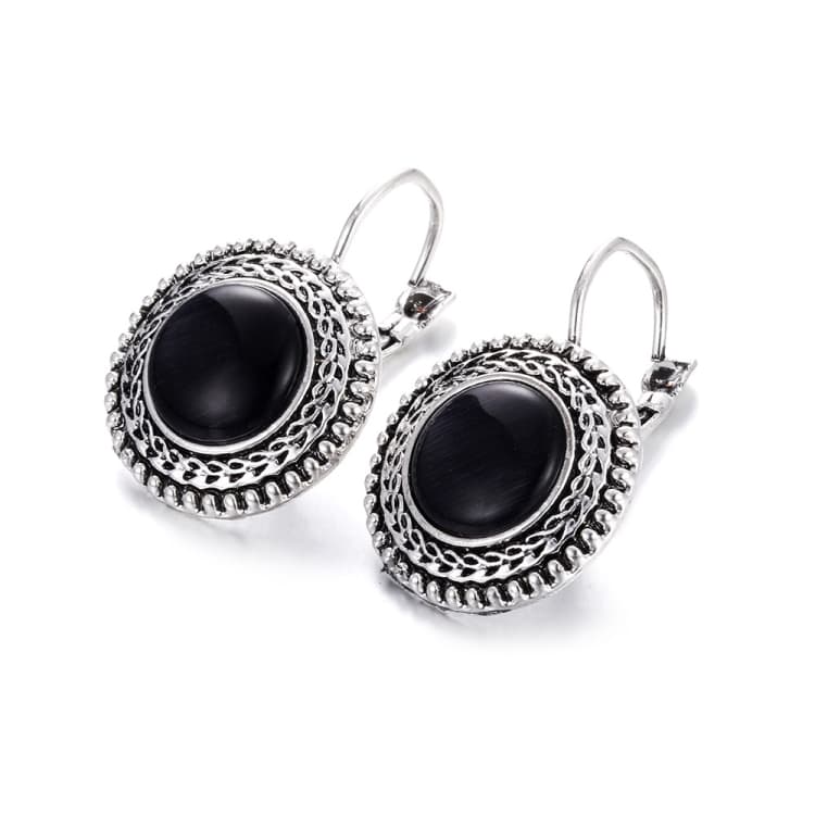 Orecchini a goccia grandi Boho per donna, gioielli intagliati in argento tibetano vintage, orecchini lunghi Bohemien (Nero) - Immagine 1