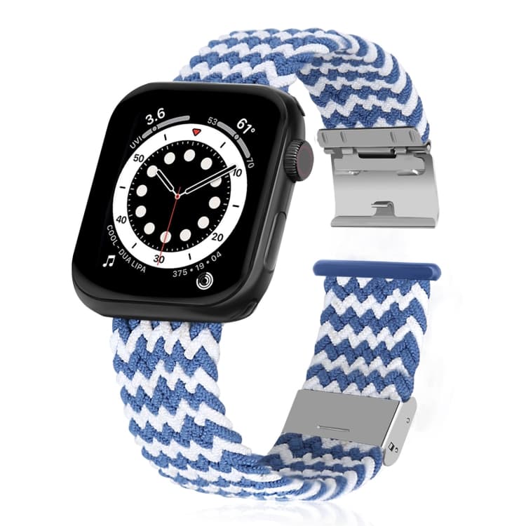 Cinturino per orologio intrecciato + acciaio inossidabile per Apple Watch Series 7 45mm / 6 & SE & 5 & 4 44mm / 3 & 2 & 1 42mm (Blu Bianco Orizzontale) - Immagine 1