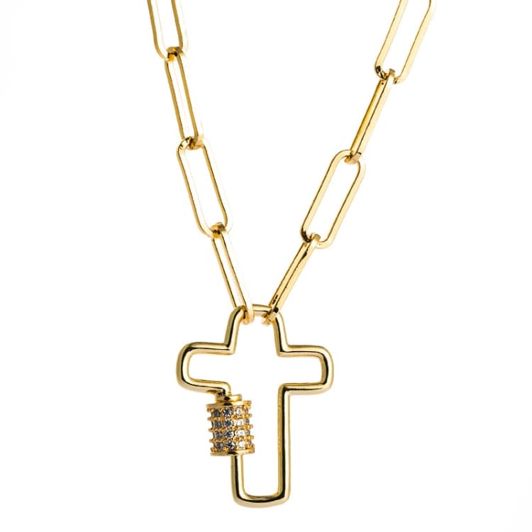 Collana con ciondolo a croce in ottone con micro-incastonatura di zirconi, catenella delicata per clavicola (Croce) - Immagine 1