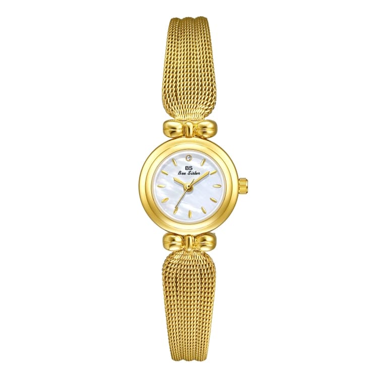 BS Bee Sister 22mm Retro Female Wrist Watch with Stainless Steel Mesh Butterfly Design Strap(Golden White) - Immagine 1