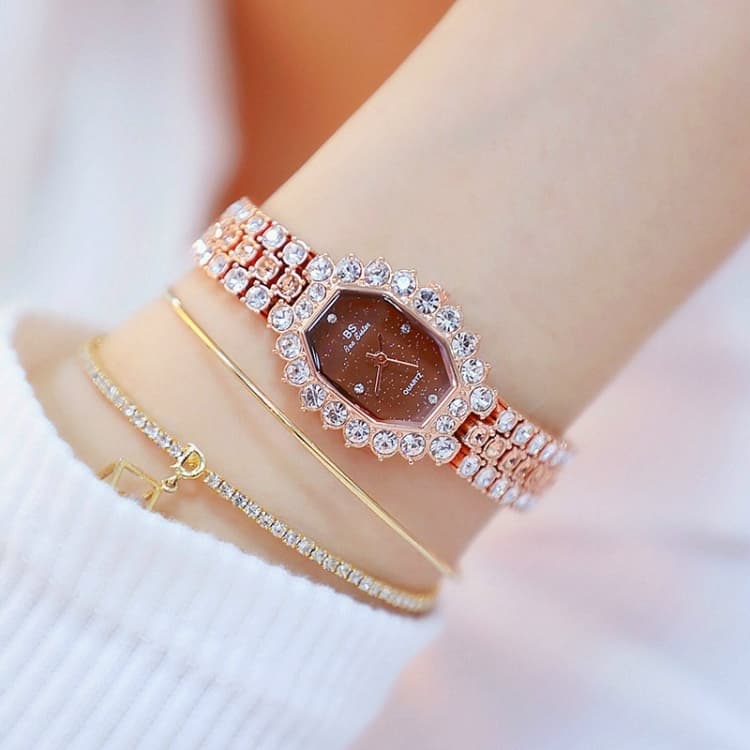 BS bee sister FA1581 Orologio da donna al quarzo con quadrante ottagonale, diamantato e bracciale in zirconi (Rosa oro caffè diamante) - Immagine 1