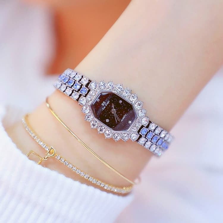 BS bee sister FA1581 Orologio da donna al quarzo con quadrante ottagonale, diamanti placcati, bracciale in strass (Silver Shell Blue Diamond) - Immagine 1