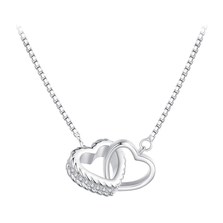 Collana BSN339 in argento sterling S925 placcato oro bianco con zirconi e doppio cuore intrecciato - Immagine 1