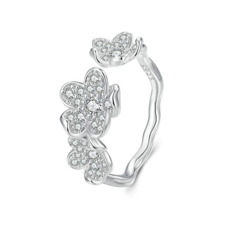 Anello regolabile a fiore in argento sterling S925 placcato oro bianco con zirconi completamente pavimentati BSR447 - Immagine 1