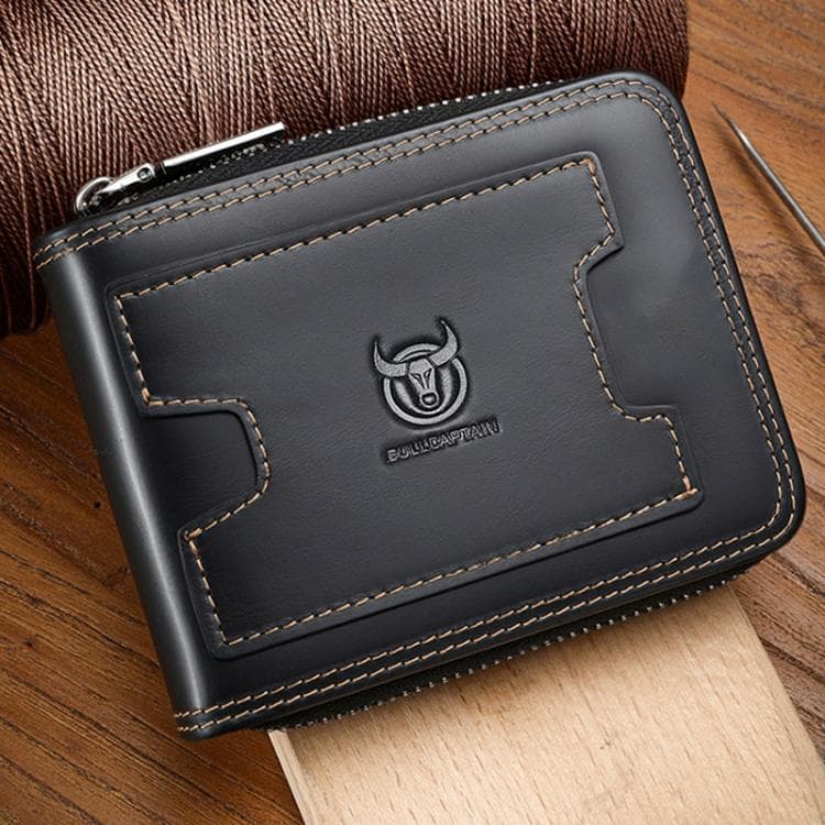 BULL 235 CAPTAIN 2 Fold Zipper Leather Wallet RFID Multi-Functional Card Holder(Black) - Immagine 1