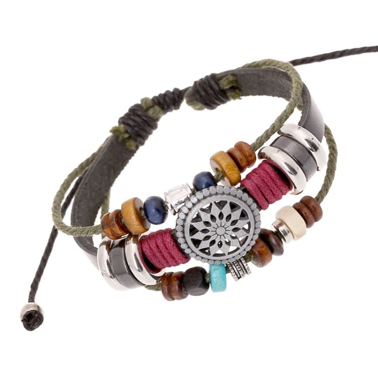 BX016 Bracciale in pelle retrò con perline di personalità (pelle nera + accessori argento antico) - Immagine 1