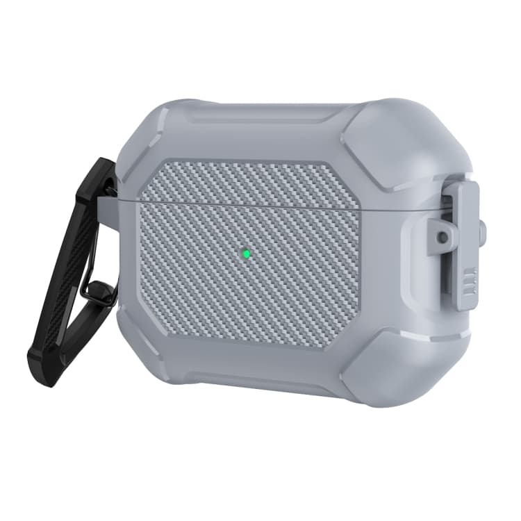 Copertura protettiva per cuffie in TPU+PC con carbonio, con blocco interruttore e moschettone per AirPods Pro (Grigio) - Immagine 1