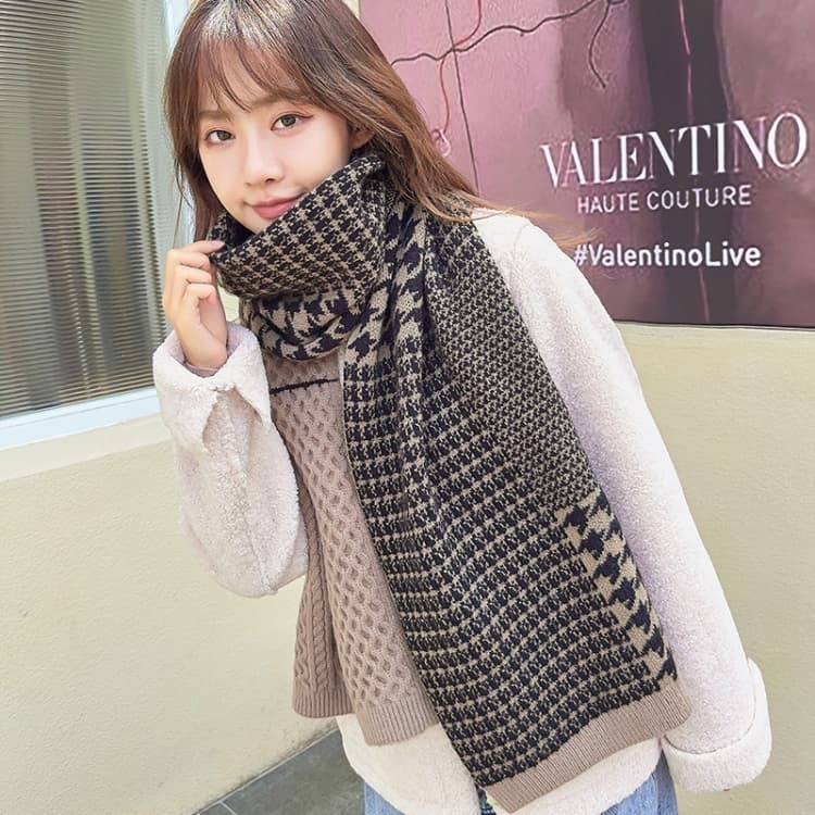Sciarpa classica a quadri Houndstooth con abbinamento colori, donna, autunno e inverno, calda e lavorata a maglia, lunghezza (cm): 190 cm (caffè) - Immagine 1