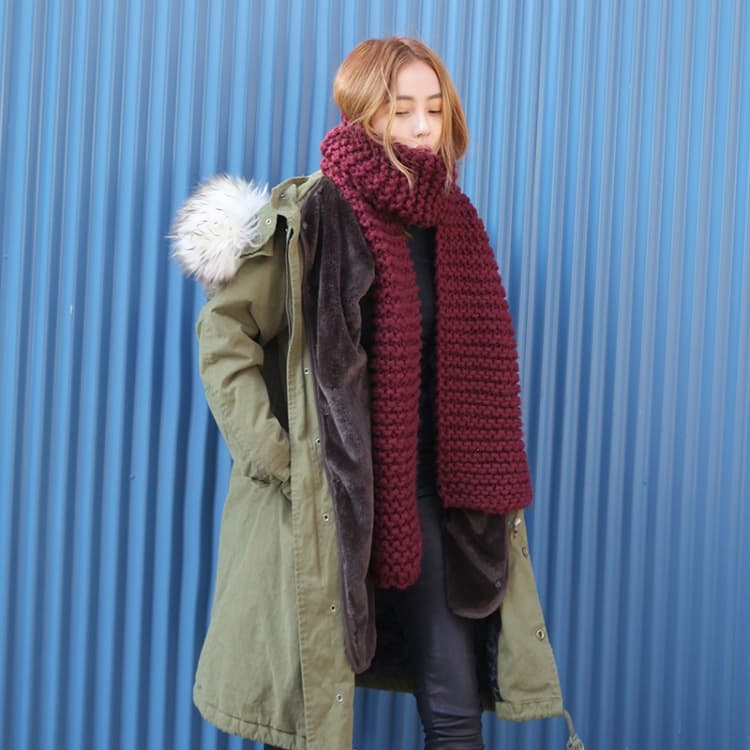Sciarpa calda in lana grossa lavorata a maglia per donna, invernale, spessa, tinta unita, lunghezza: 190 cm (Vino rosso) - Immagine 1