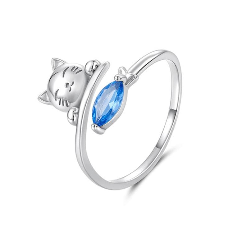 Copper-plated White Gold Cat Eating Fish Cute Open Ring(YIR307-E) - Immagine 1