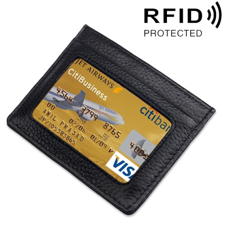 Cowhide Leather Litchi Texture Open Type Solid Color Card Holder RFID Blocking Card Bag Protective Case(Black) - Immagine 1
