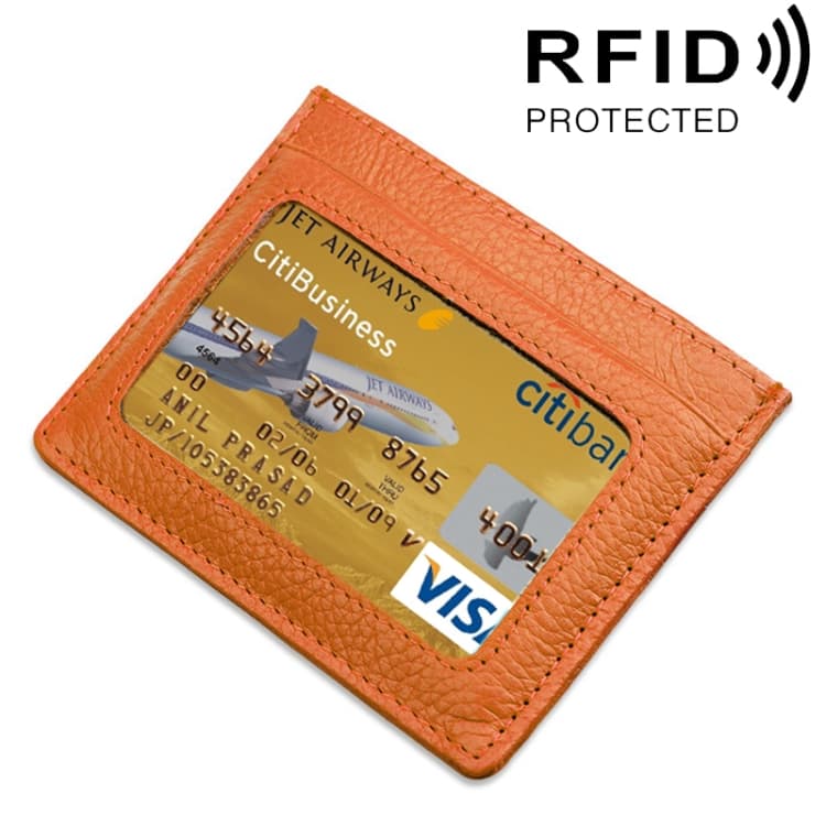 Cowhide Leather Litchi Texture Open Type Solid Color Card Holder RFID Blocking Card Bag Protective Case(Orange) - Immagine 1