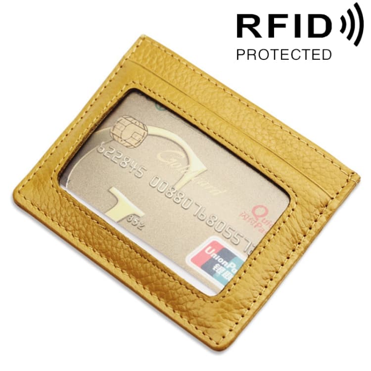 Cowhide Leather Litchi Texture Open Type Solid Color Card Holder RFID Blocking Card Bag Protective Case(Yellow) - Immagine 1