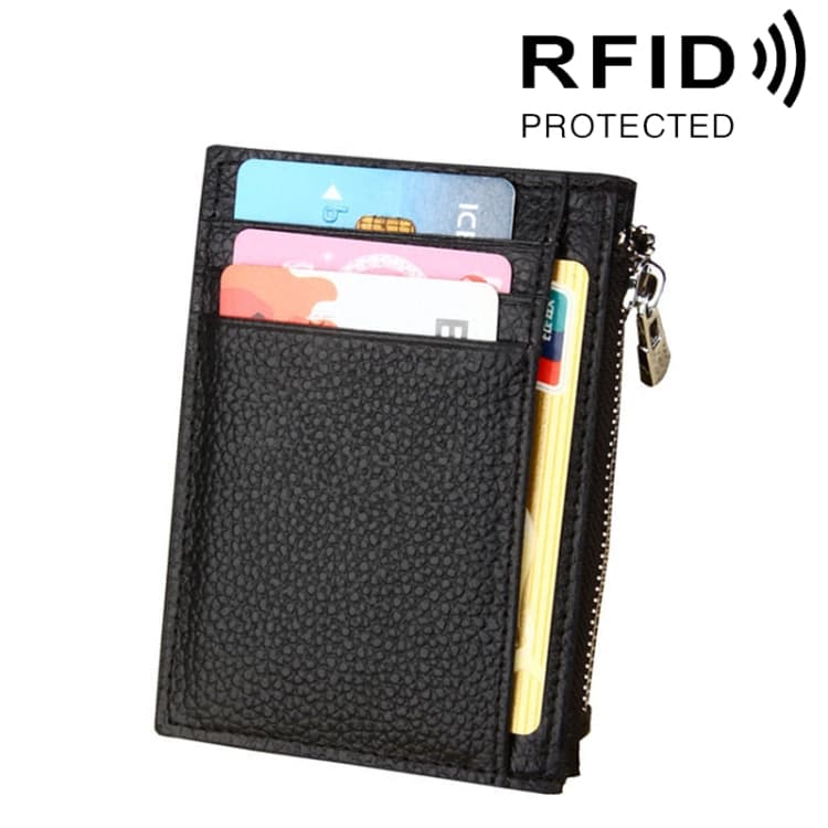 Cowhide Leather Solid Color Zipper Card Holder Wallet RFID Blocking Coin Purse Card Bag Protect Case - Immagine 1