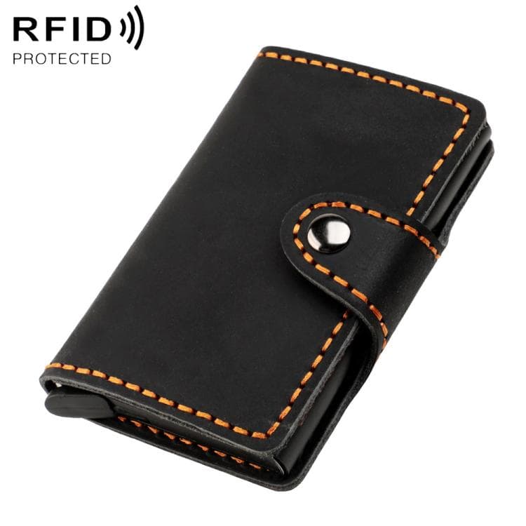 Crazy Horse Genuine Leather Auto Pop-up Aluminum Box RFID Anti-magnetic Card Holder(Black) - Immagine 1