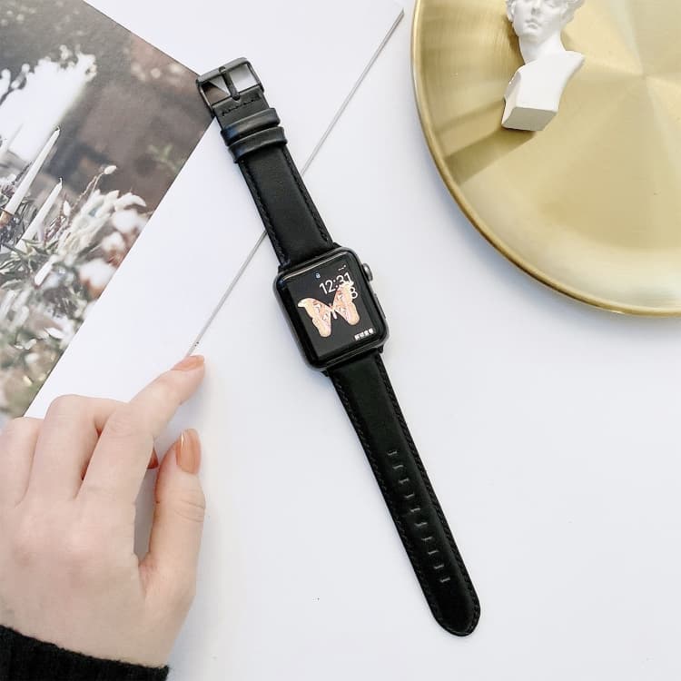 Cinturino per orologio in pelle Crazy Horse + texture liscia per Apple Watch Serie 7 45mm / 6 & SE & 5 & 4 44mm / 3 & 2 & 1 42mm (Nero) - Immagine 1