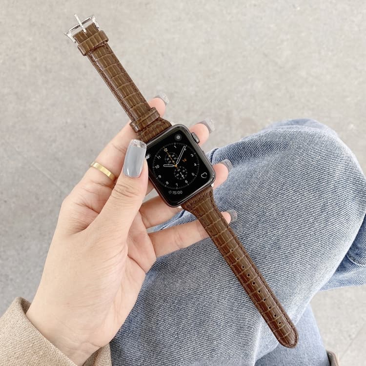 Crocodile Texture Leather Watch Band For Apple Watch Ultra 49mm&Watch Ultra 2 49mm / Series 9&8&7 45mm / SE 3&SE 2&6&SE&5&4 44mm / 3&2&1 42mm(Warm Brown) - Immagine 1