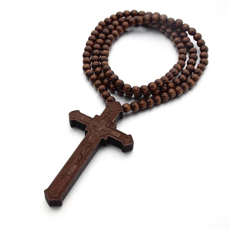 Collana con perline di legno incise al laser a forma di croce, colore: marrone - Immagine 1