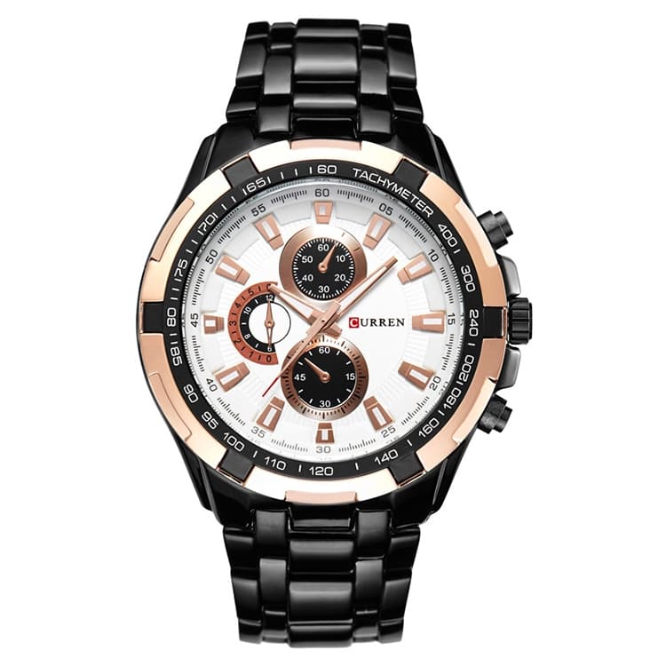 CURREN 8023 Men Stainless Steel Analog Sport Quartz Watch(Black case gold ring white face) - Immagine 1