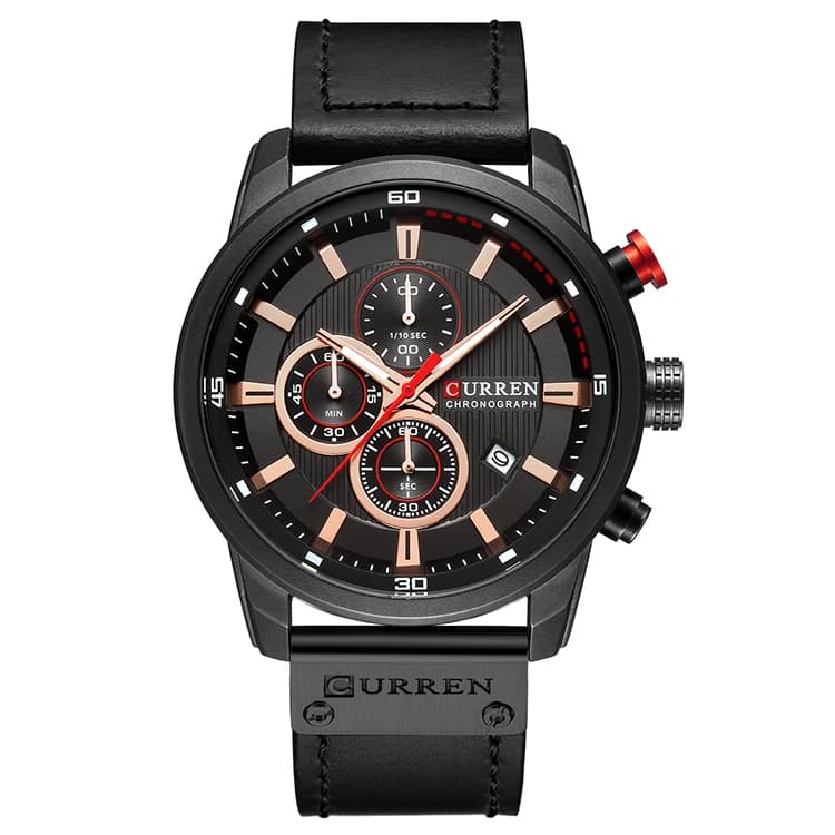 CURREN M8291 Chronograph Watches Casual Leather Watch for Men(Black case black face) - Immagine 1