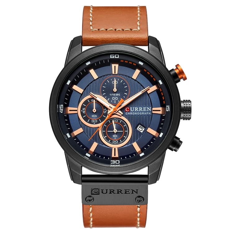 CURREN M8291 Chronograph Watches Casual Leather Watch for Men(Black case blue face) - Immagine 1