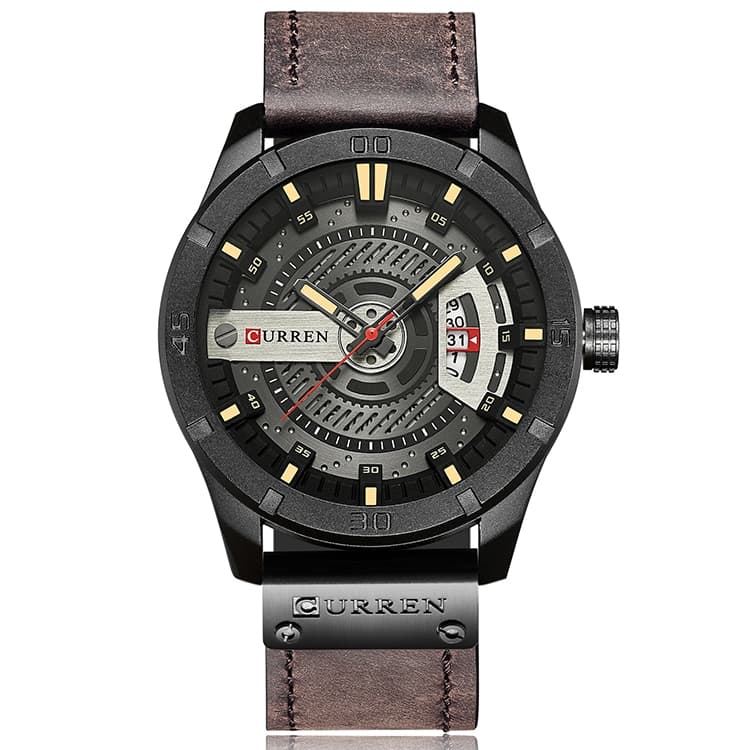 CURREN M8301 Men Military Sports Watch Quartz Date Clock Leather Wristwatch(black case black face deep brown band) - Immagine 1