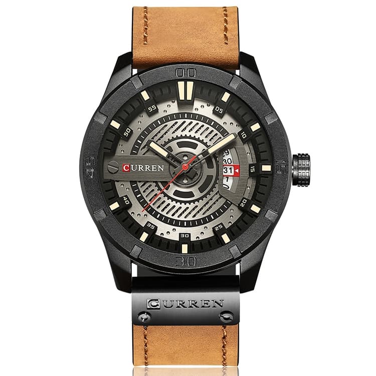 CURREN M8301 Men Military Sports Watch Quartz Date Clock Leather Wristwatch(black case grey face light brown band) - Immagine 1