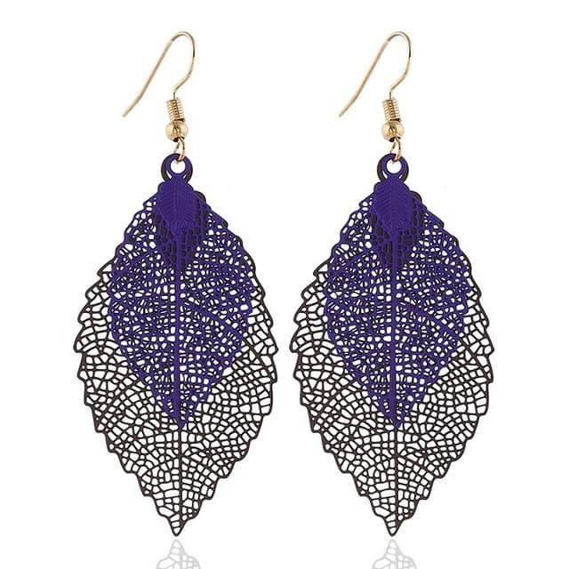 Orecchini a foglia doppia con nappe, semplici e retrò, ornamenti a foglia di metallo (nero viola) - Immagine 1