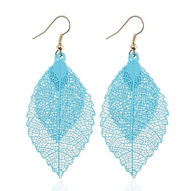 Orecchini a foglia doppia con nappe, semplici e retrò, ornamenti metallici a forma di foglia (Blu) - Immagine 1